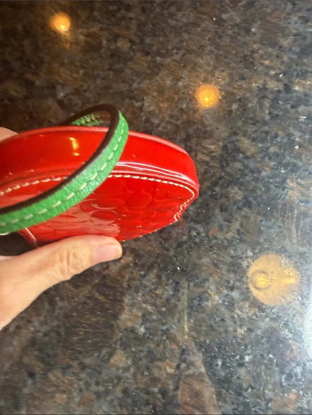 Rare Vintage Coach Red Patent Apple Wristlet Key & Card Holder with Green Leaf